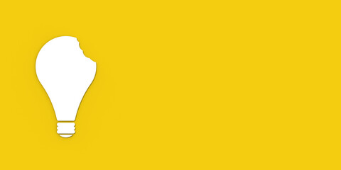 a white bitten light bulb on a yellow background. teeth marks stealing an idea. plagiarism. copying other people's works. Banner for insertion into site. 3D image. 3D rendering.