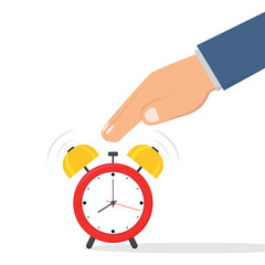 Red alarm clock. Hand turns off red alarm clock. Time to wake up concept. Alarm clock is ringing  in the morning. Twin bell clock. Vector illustration