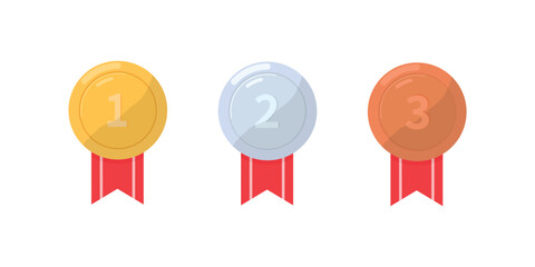 Set of the gold, silver and bronze medals with red ribbon. First, second and third place. Champion and winner reward medals. Gold, silver and bronze medals. Contest achievement, victory