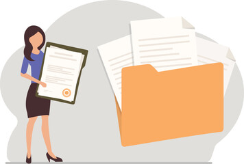 Businesswoman holds paper document. Woman adds file to big folder. Icon with a folder storage of documents and files. User and data archive. Database, searching info. Flat vector illustration