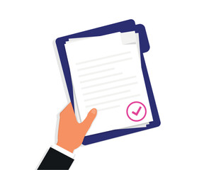 Hand holding folder documents. Folder with check mark and text. Stack of agreements document with approval check mark. Document in hand. Vector illustration flat design style
