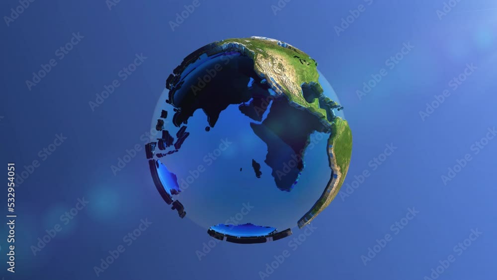 Poster earth planet assembling from toy bricks then exploding and scattering to huge pile of toy bricks and