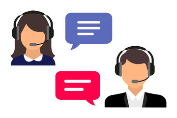 Support service. Call center. Male and female avatar with headphones and microphone. Call center online assistant. Speech bubbles conceptual of client services and communication. Help and support