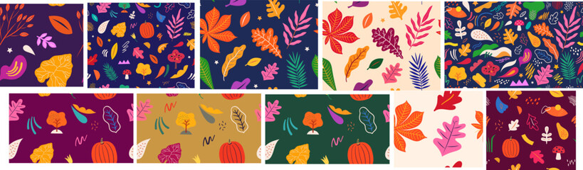 Fototapeta na wymiar Set of ten autumn seamless patterns with autumn leaves. Set of ten patterns