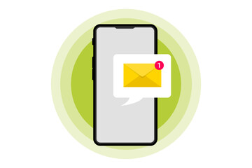 Unread notification on the smartphone screen. New Incoming message. Message icon bubble on the smartphone screen. Vector illustration of Notification of one new message on the smartphone screen.