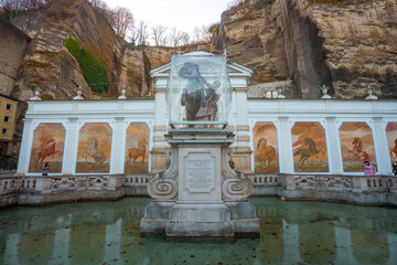 Pferdeschwemme , Horses statue and fountain in old town of Salzburg during autumn , winter :...