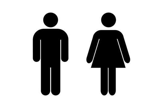 Man and woman icon. Gender symbols for toilets and special places. Black abstract symbols of man and women in flat style isolated on white background. Vector illustration