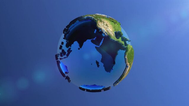 Earth planet assembling from toy bricks then exploding and scattering to huge pile of toy bricks and disappearing in the end. Earth Day or environment pollution concept. 3d rendering