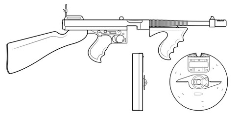 Vector illustration of the Thompson M1921 submachine gun with round magazine and front foregrip on the white background.
