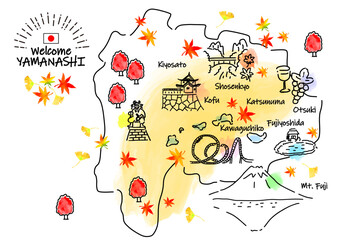 秋の山梨県の観光地のシンプル線画イラストマップ