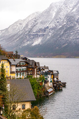 Fototapeta premium Hallstatt , Unesco Romance town at Lake Hallstatt and Salzkammergut during winter cloudy day : Hallstatt , Austria : December 10 , 2019