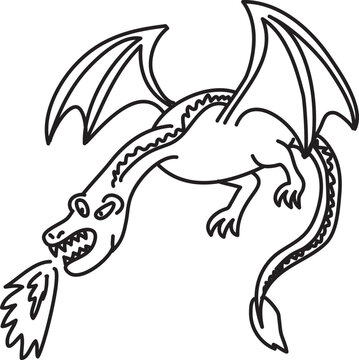 illustration of a dragon with flare fire black and white hand draw cartoon vector design
