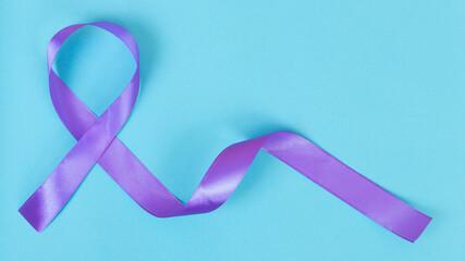 Purple ribbon on blue background ADD,ADHD,Alzheimer Disease ,Arnold Chiari Malformation,Childhood Hemiplegia stroke, Epilepsy, Chronic Acute Pain,Crohns - obrazy, fototapety, plakaty