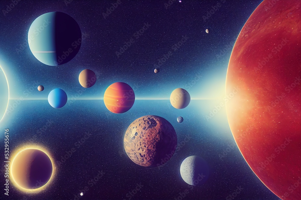 Poster planet digital art, panoramic view of planets in the distant solar system in space,3d render, raster