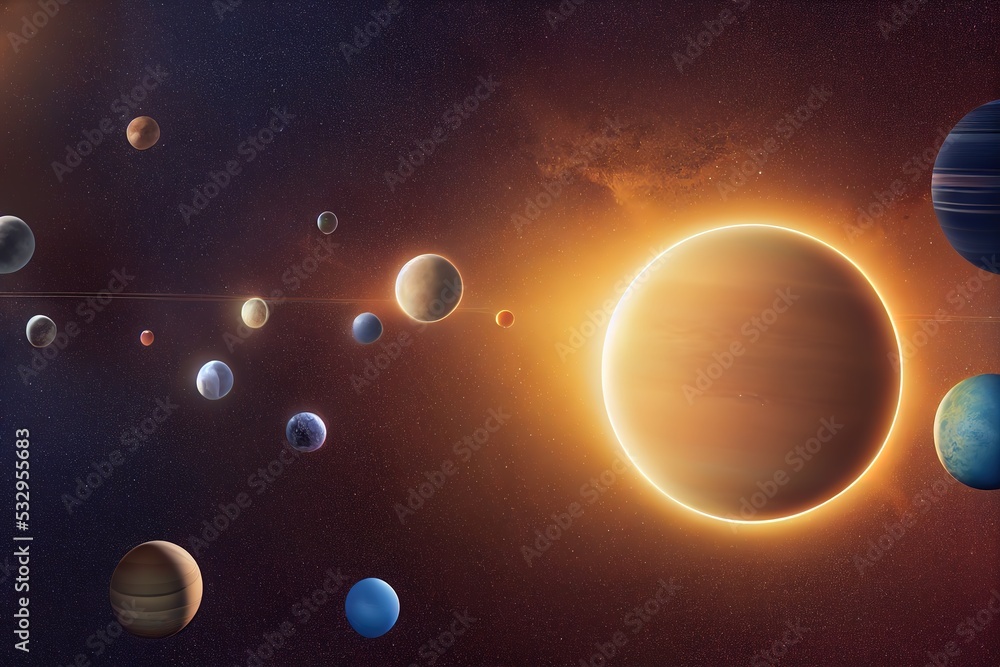 Poster planet digital art, panoramic view of planets in the distant solar system in space,3d render, raster