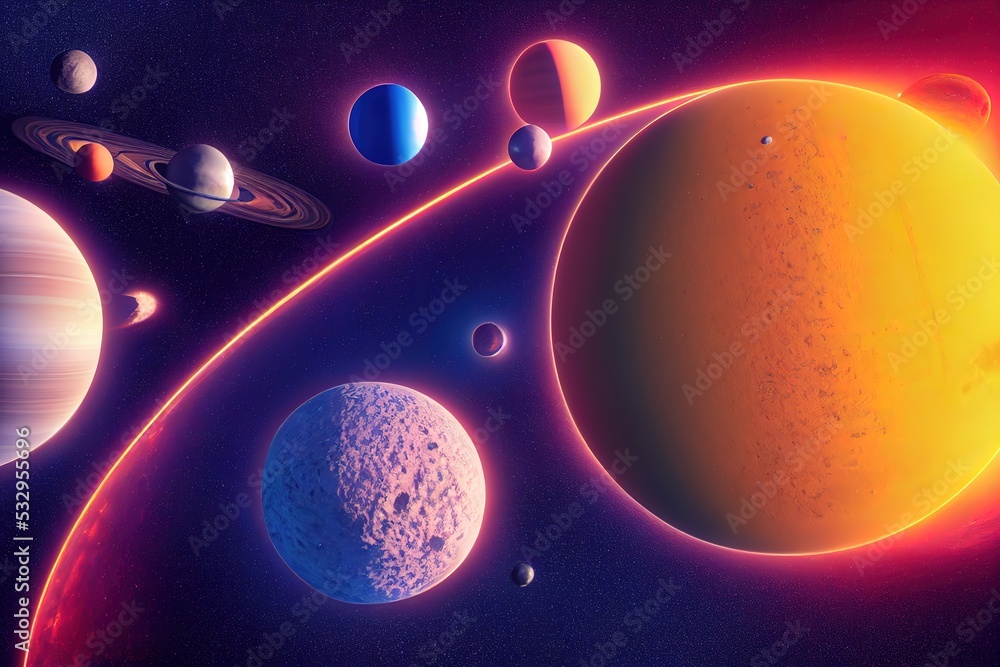 Poster planet digital art, panoramic view of planets in the distant solar system in space,3d render, raster