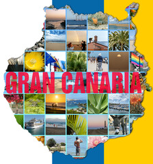 Collage of Gran Canaria photos on map view of Gran Canaria, with national flag as background. With 