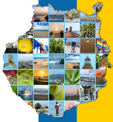 Collage of Gran Canaria photos on map view of Gran Canaria, with national flag as background.