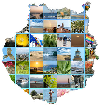 Collage of Gran Canaria photos on map view of Gran Canaria, white background.