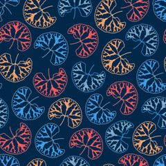 Elegant trendy floral seamless pattern design of Aristolochia chilensis leaf outlines for textile and printing. Repeat texture with blue background