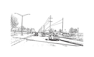 Building view with landmark of Overland Park is the 
city in Kansas. Hand drawn sketch illustration in vector.