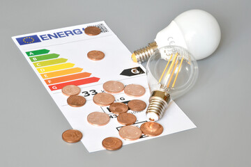 Energy efficiency rating table with light bulbs and euro cents on grey background, close-up....