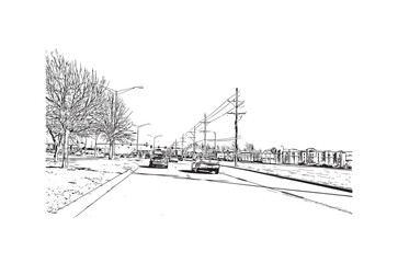 Building view with landmark of Overland Park is the 
city in Kansas. Hand drawn sketch illustration in vector.