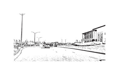 Building view with landmark of Overland Park is the 
city in Kansas. Hand drawn sketch illustration in vector.