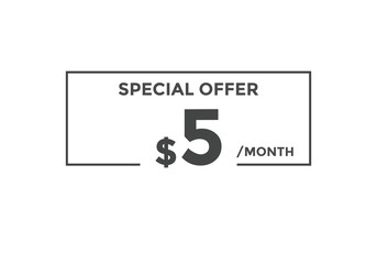 $5 USD Dollar Month sale promotion Banner. Special offer, 5 dollar month price tag, shop now button. Business or shopping promotion marketing concept

