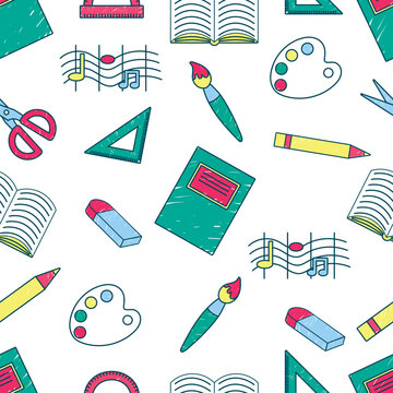 Seamless pattern with school supplies isolated on a white background. Wallpaper back to school