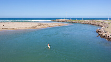 Canoe Athlete Paddler Paddling River Mouth Ocean Overhead Coast Landscape - obrazy, fototapety, plakaty