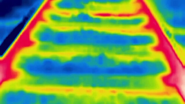 Railway track. Rails, sleepers. A man walks along the sleepers and takes off in front of him. Image from thermal imager device.