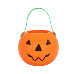 Jack-o'-lantern. Halloween Pumpkin Candy Bucket Orange with green handles isolated on white background.