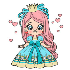 Cute long haired cartoon princess girl in magnificent ball gown with a bow color variation for coloring page on white background