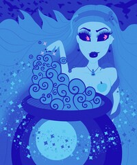 vertical fairy tale illustration in blue tones. a beautiful witch with red eyes brews a magic potion in a large cauldron for halloween, crows are circling on a gloomy background