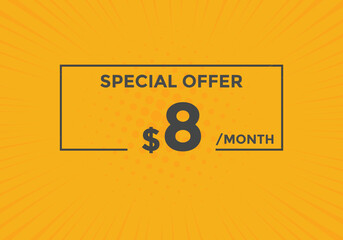 Obraz premium $8 USD Dollar Month sale promotion Banner. Special offer, 8 dollar month price tag, shop now button. Business or shopping promotion marketing concept 
