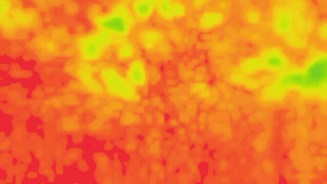 Dynamic red and blue landscape with the conditional name Flight over the forest, meadows and lakes. Image from thermal imager device. Thermal impressionism