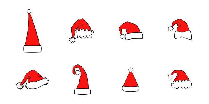 Conjunto de gorro de navidad. Feliz navidad. Sombrero rojo de navidad de Santa Claus. Ilustración vectorial