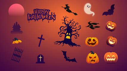 Vector set of halloween party invitations or greeting cards with handwritten calligraphy and traditional symbols