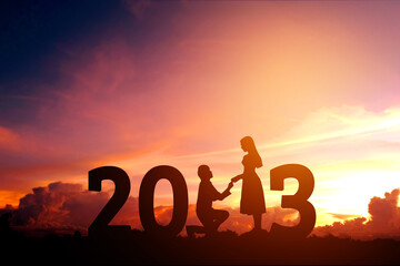 2023 Newyear Silhouette young couple Happy for  romantic new year concept.