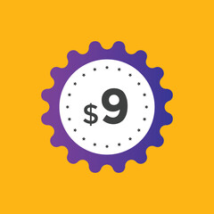 9 dollar price tag. 9$ dollar USD price symbol. price 9 Dollar sale banner in USD. Business or shopping promotion marketing concept
