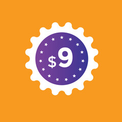 9 dollar price tag. 9$ dollar USD price symbol. price 9 Dollar sale banner in USD. Business or shopping promotion marketing concept
