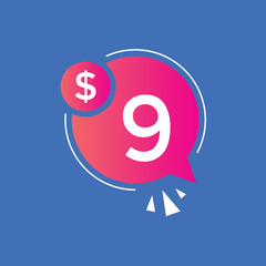 9 dollar price tag. Price $9 USD dollar only Sticker sale promotion Design. shop now button for Business or shopping promotion
