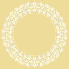Oriental round frame with arabesques and floral elements. Floral white border with vintage pattern. Greeting card with place for text
