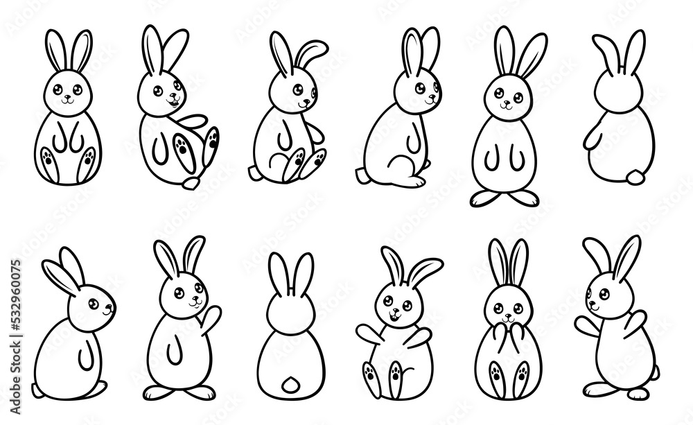 Wall mural bunny cartoon illustration set. black thin line art cute animal illustration. rabbits in different p