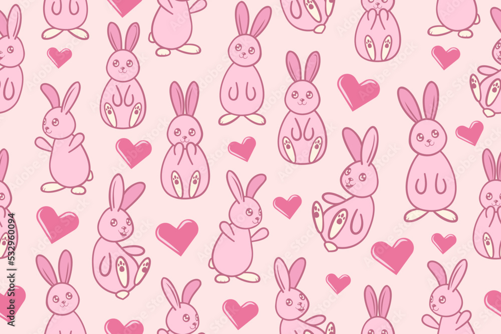 Aufkleber pink bunnies and hearts seamless pattern. repeating rabbits in different direction repeating pattern