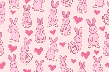 Pink bunnies and hearts seamless pattern. repeating rabbits in different direction repeating pattern.