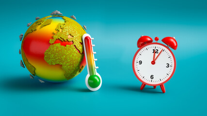 Erderwärmung - Klimawandel - Zeit zu handeln - Kontinente vertrocknen - Weltmeere erhitzen - Uhrzeit 5 nach 12 - obrazy, fototapety, plakaty