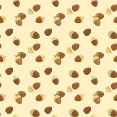 Obraz premium Seamless pattern of acorns scattered on beige background. Cartoon-style illustration of Quercus acorns.