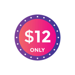 12 dollar price tag. Price $12 USD dollar only Sticker sale promotion Design. shop now button for Business or shopping promotion
